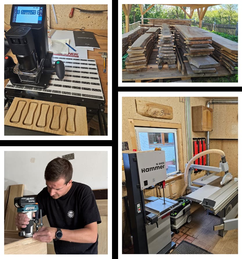 Einblicke in die Holzwerkstatt von Stogsauer Hoiz: Shaper Origin CNC-Fräse, gelagerte Holzbretter, Handarbeit mit der Oberfräse und Hammer Bandsäge